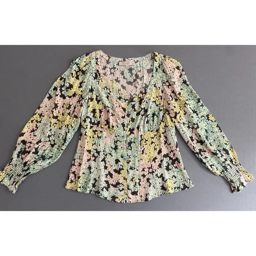 Loft Women S Top Garden‎ Floral Long Puff Sleeve Pesant Empire Cottage Blouse